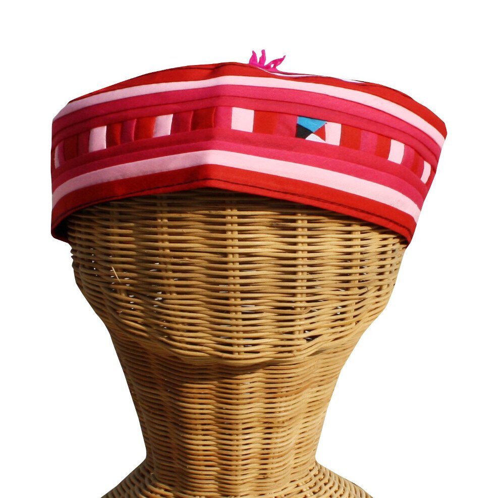 RaanPahMuang Brand Lisu Hill Tribe Crafted Taqiyah Islam Hat Kufi Cap, Medium, Multi - Pink