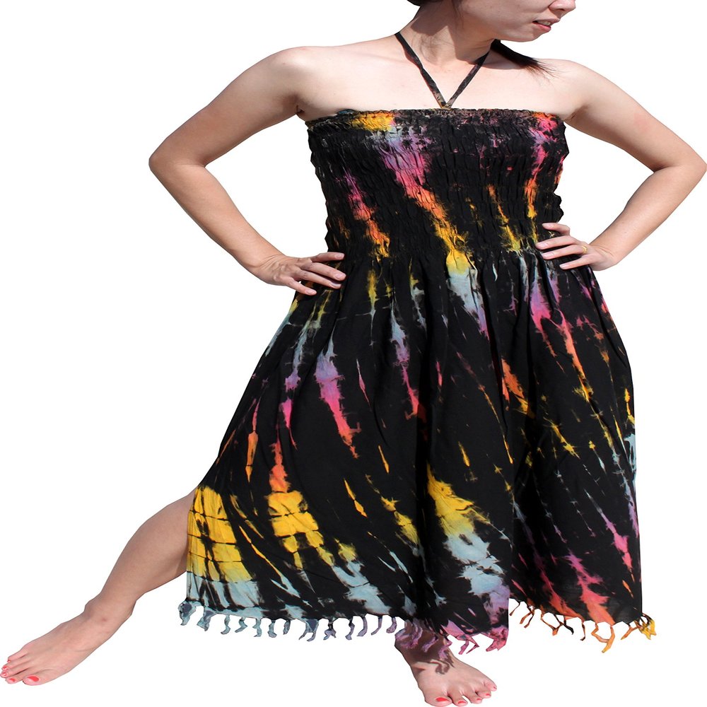 Full Funk Tie Dye Spaghetti Halter Smock Bust Cropped Fashion Tassel Dress, Medium 40 inches Length, Black Pink B