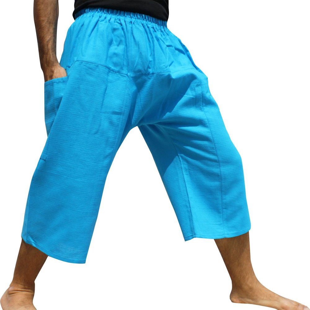 RaanPahMuang Sadaw Baggy Elastic Waist 3/4 Leg Length Pants Mixed Cottons, Medium, ChenaMai Cotton - Sky Blue