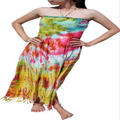 Full Funk Tie Dye Spaghetti Halter Smock Bust Cropped Fashion Tassel Dress, Medium 40 inches Length, Pink/Yellow F