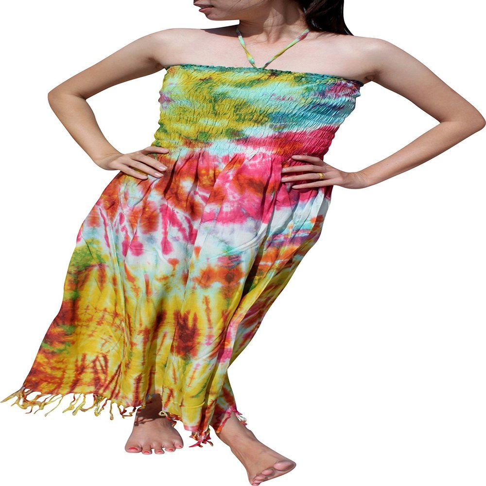 Full Funk Tie Dye Spaghetti Halter Smock Bust Cropped Fashion Tassel Dress, Medium 40 inches Length, Pink/Yellow F