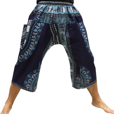RaanPahMuang Sadaw Elastic Waist 3/4 Leg Length Pants in Afrikan Dashiki Patterns, Medium, Midnight Blue