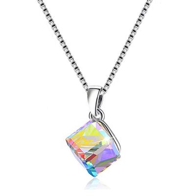 Uloveido Graceful 925 Sterling Silver Box Chain Necklace Austrian Crystal CZ Cube Shape Pendant for Women Birthday Jewelry (Box Packing) Y418-N