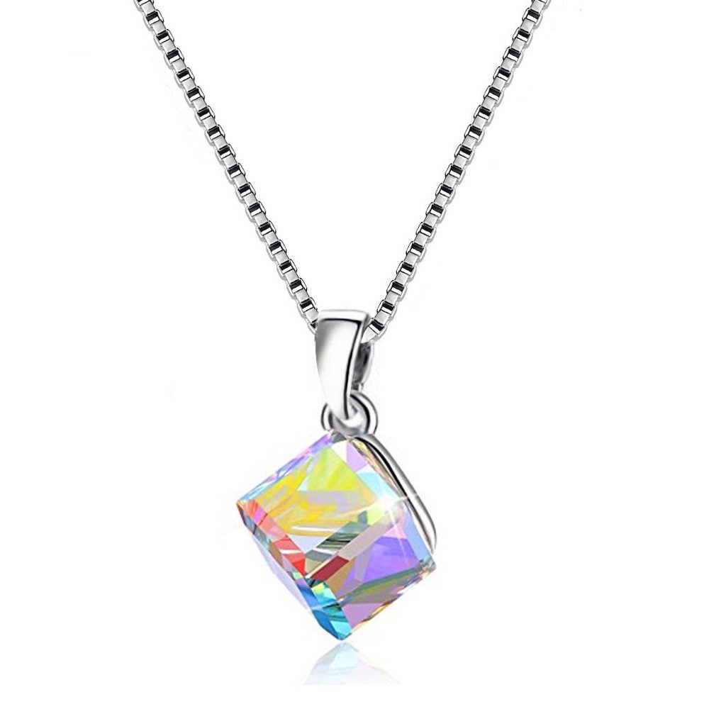 Uloveido Graceful 925 Sterling Silver Box Chain Necklace Austrian Crystal CZ Cube Shape Pendant for Women Birthday Jewelry (Box Packing) Y418-N