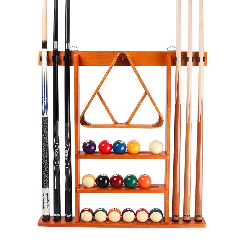 GSE Games & Sports Expert Billiard Cue Stick Hanging Wall Mounting Rack Only, Holds 6 Pool Cue Sticks, Billiard Ball Racks and Full Set of Pool Balls (Oak)