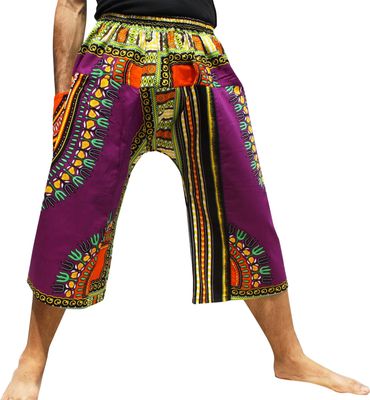 RaanPahMuang Sadaw Elastic Waist 3/4 Leg Length Pants in Afrikan Dashiki Patterns, Medium, Purple