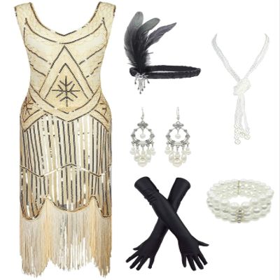 1920s Gatsby Sequin Fringed Paisley Flapper Dress with 20s, Beige, Size Large