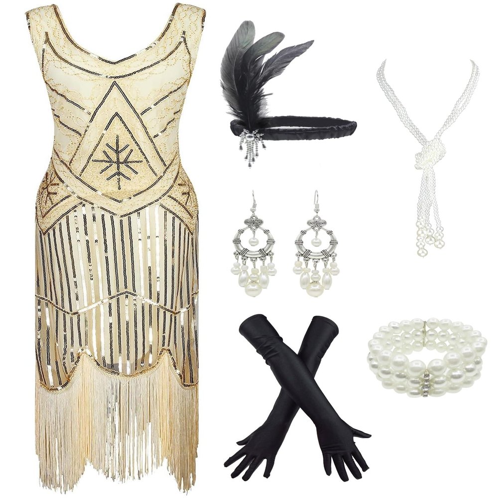 1920s Gatsby Sequin Fringed Paisley Flapper Dress with 20s, Beige, Size Large