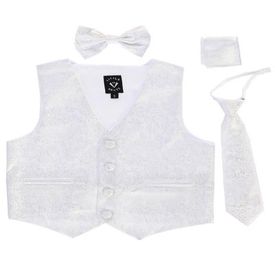 White Paisley Infant Boys 4 Piece Formal Satin Vest Set Zipper Tie Bowtie Hanky 6-12 Months