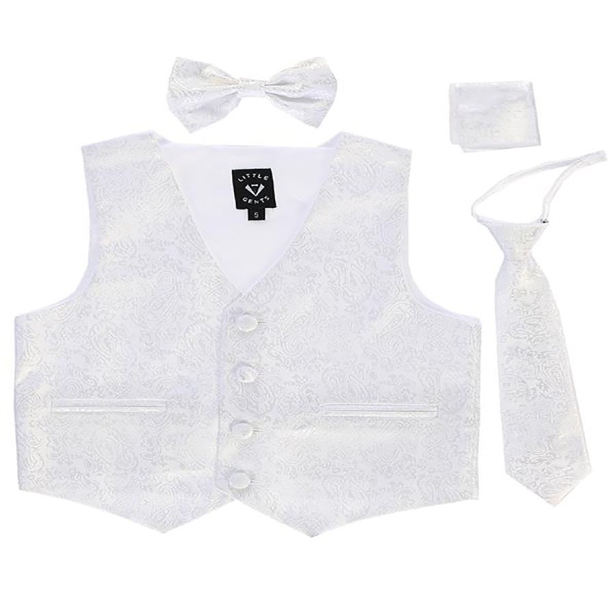 White Paisley Infant Boys 4 Piece Formal Satin Vest Set Zipper Tie Bowtie Hanky 6-12 Months