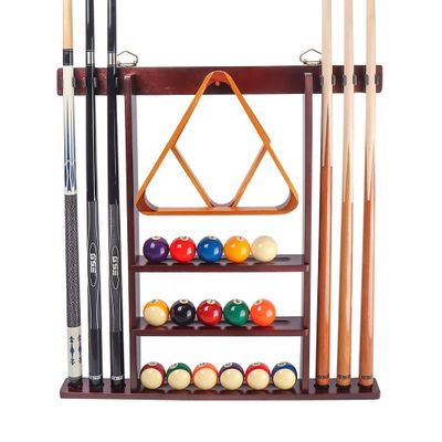 GSE Games & Sports Expert Billiard Cue Stick Hanging Wall Mounting Rack Only, Holds 6 Pool Cue Sticks, Billiard Ball Racks and Full Set of Pool Balls (Mahogany)