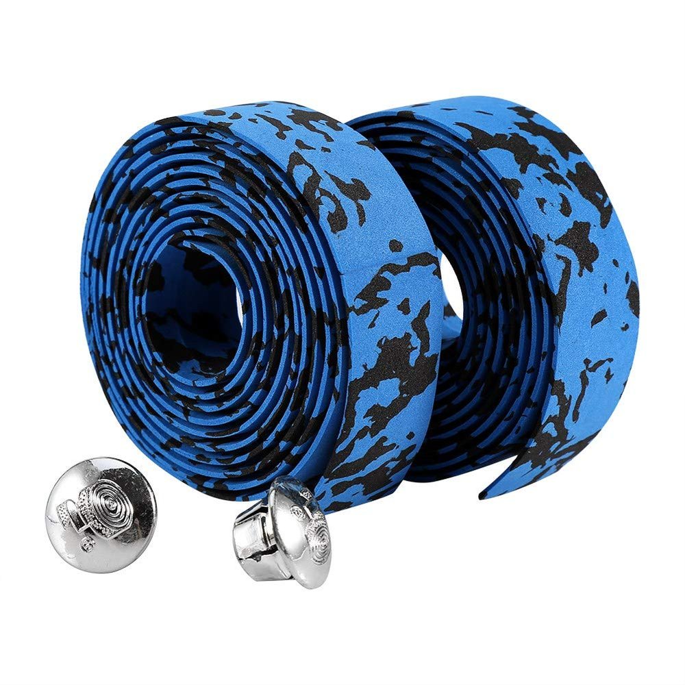 Tbest Handlebar Tape Blue Cork Cloth,Cycle Handlebar Tape Reflective Grip Wrap Tape + 2 Plugs for Mountain Road Bike(Pack of 2)(Blue+Black)