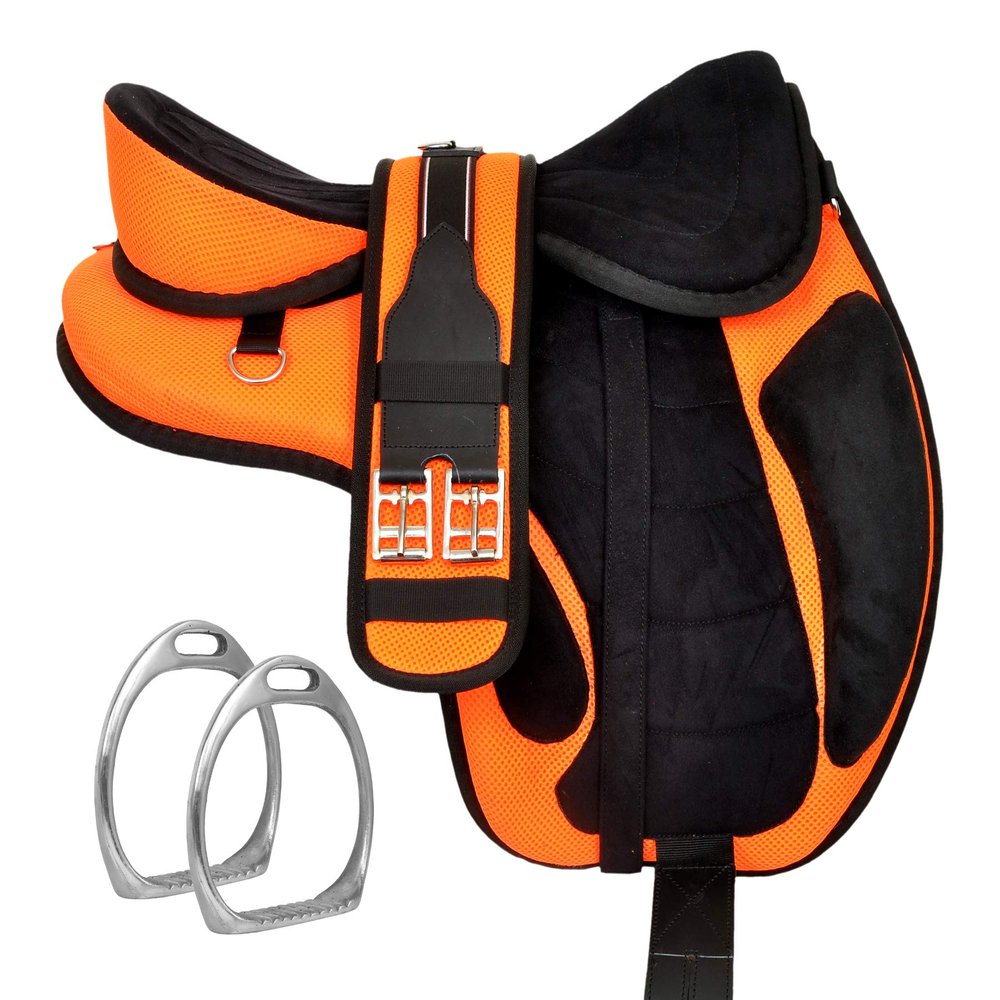 Y&Z Enterprises All Purpose Synthetic Treeless Freemax English Horse Saddle Tack Get Matching Girth & Strap (18 Inch Seat, Orange)