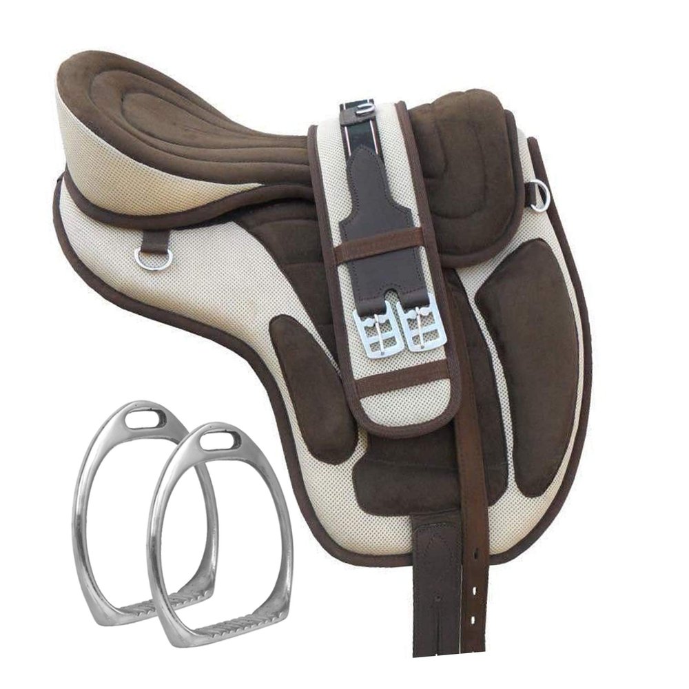 Y&Z Enterprises All Purpose Synthetic Treeless Freemax English Horse Saddle Tack Get Matching Girth & Strap (15 Inch Seat, Gray-Brown)