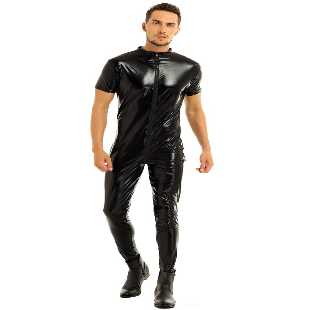 Agoky Men's Wet Look Faux Leather Short Sleeve Zipper Front Full Body Bodysuit Leotard Costumes Black Medium