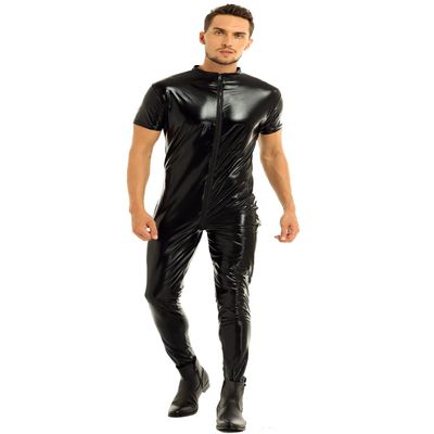 Agoky Men's Wet Look Faux Leather Short Sleeve Zipper Front Full Body Bodysuit Leotard Costumes Black XX-Large
