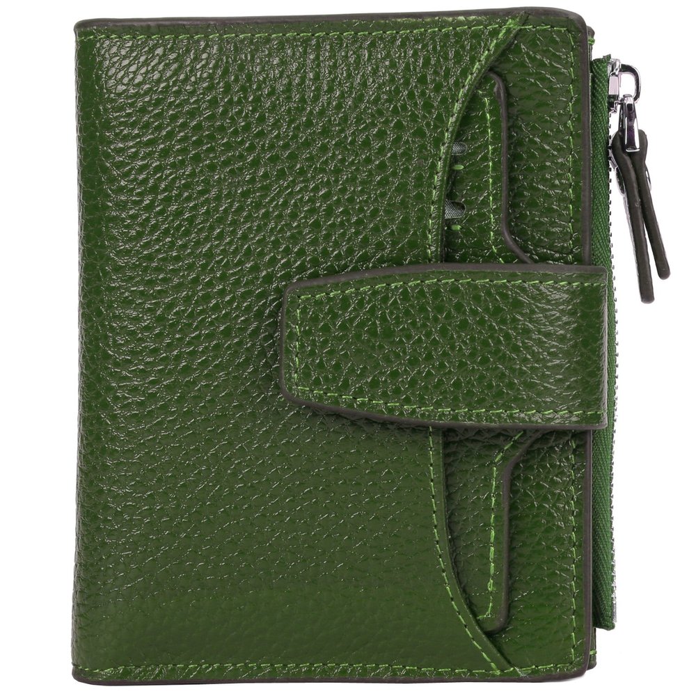 AINIMOER Women's RFID Blocking Leather Small Compact Bi-fold Zipper Pocket Wallet Card Case Purse with id Window (Lichee Green)