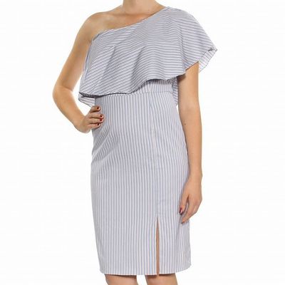 Bar III Women's Striped Popover One Shoulder Knee Length Dress Blue Size M