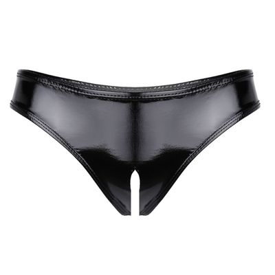 ACSUSS Womens Latex Leather Look Lingerie Open Crotch Panties Micro Thong Underwear Black Medium