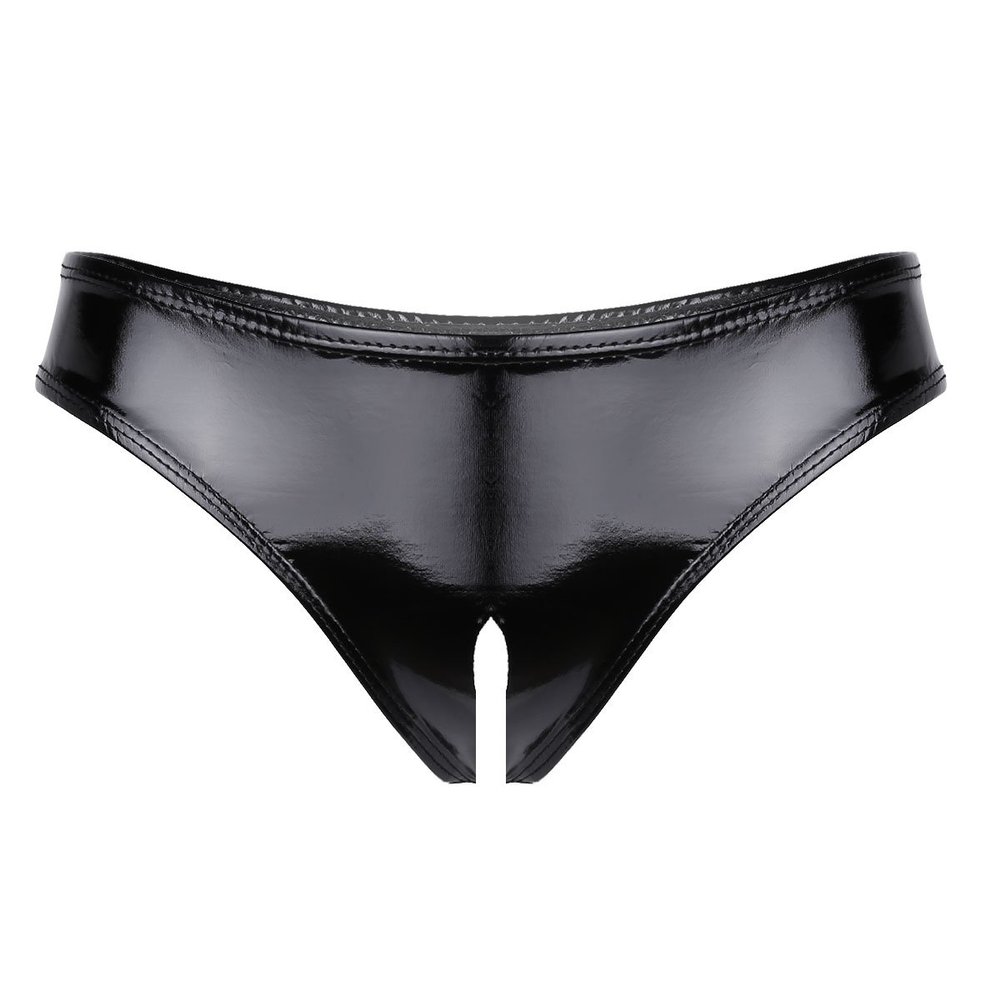 ACSUSS Womens Latex Leather Look Lingerie Open Crotch Panties Micro Thong Underwear Black Medium