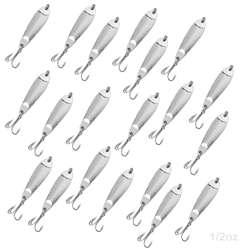 Fish WOW! 20pcs 1/2oz Casting Spoon Jig Lures Hammered Spoons with a Treble Hook - Chrome Silver