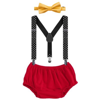 Baby Boys Cake Smash Clothes Diaper Suspenders Pants Bow Tie 3PCS Set First 1st 2nd Birthday Outfit for Photo Prop Party Yellow + Red + Black Dots 3-24 Months