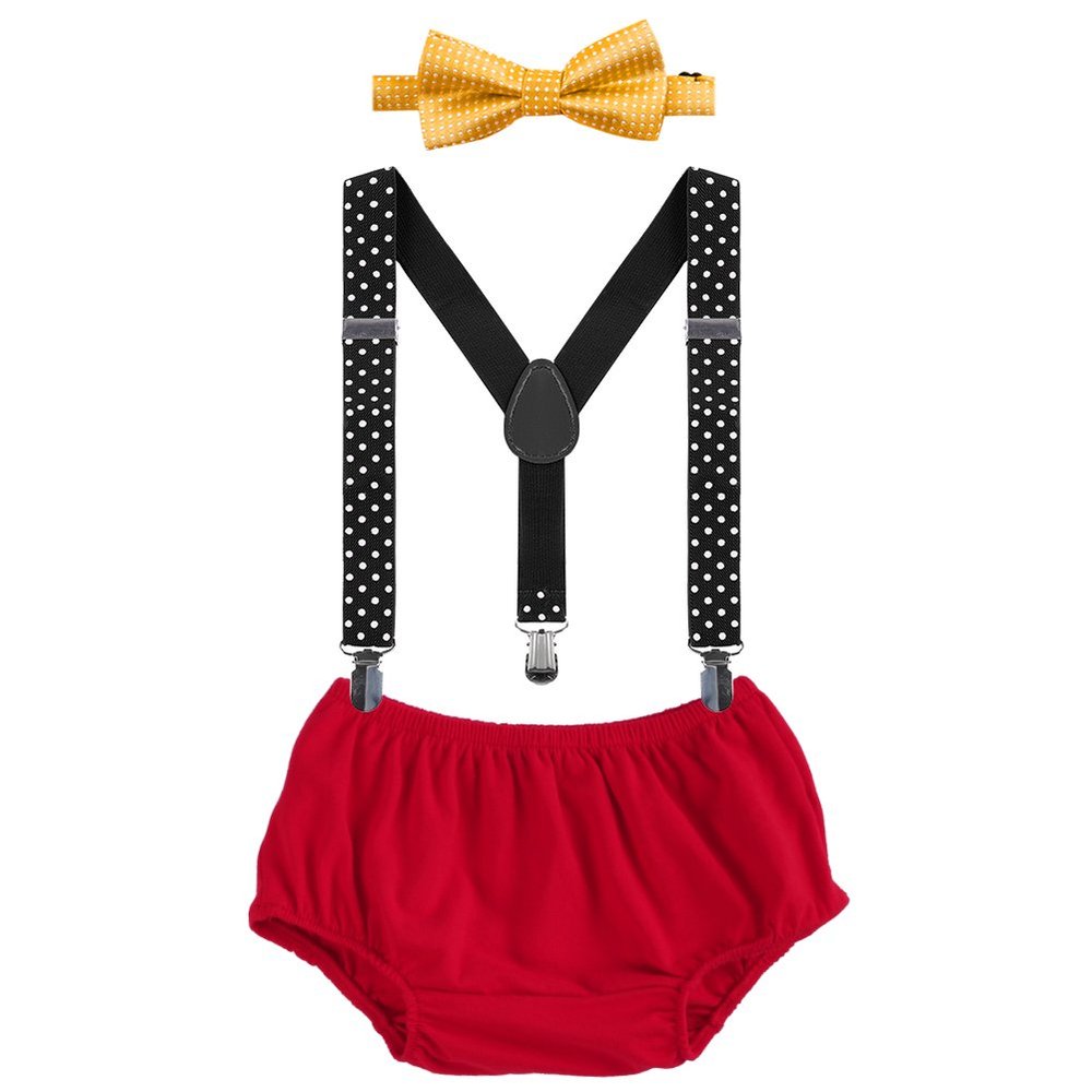 Baby Boys Cake Smash Clothes Diaper Suspenders Pants Bow Tie 3PCS Set First 1st 2nd Birthday Outfit for Photo Prop Party Yellow + Red + Black Dots 3-24 Months