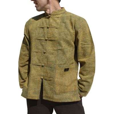 RaanPahMuang Mixed Cotton Professional Chinese Mandarin Jacket Shirt, X-Small, Stonewashed Muang Cotton - Green & Yellow