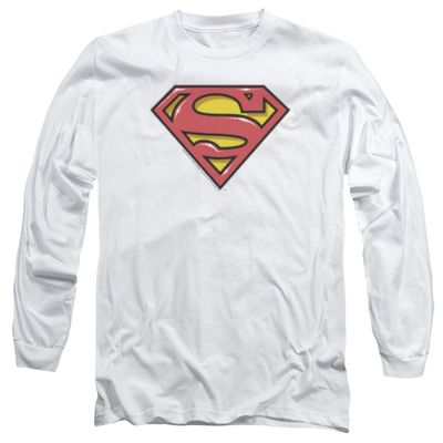 Trevco Superman Airbrush Shield Unisex Adult Long-Sleeve T Shirt for Men and Women White