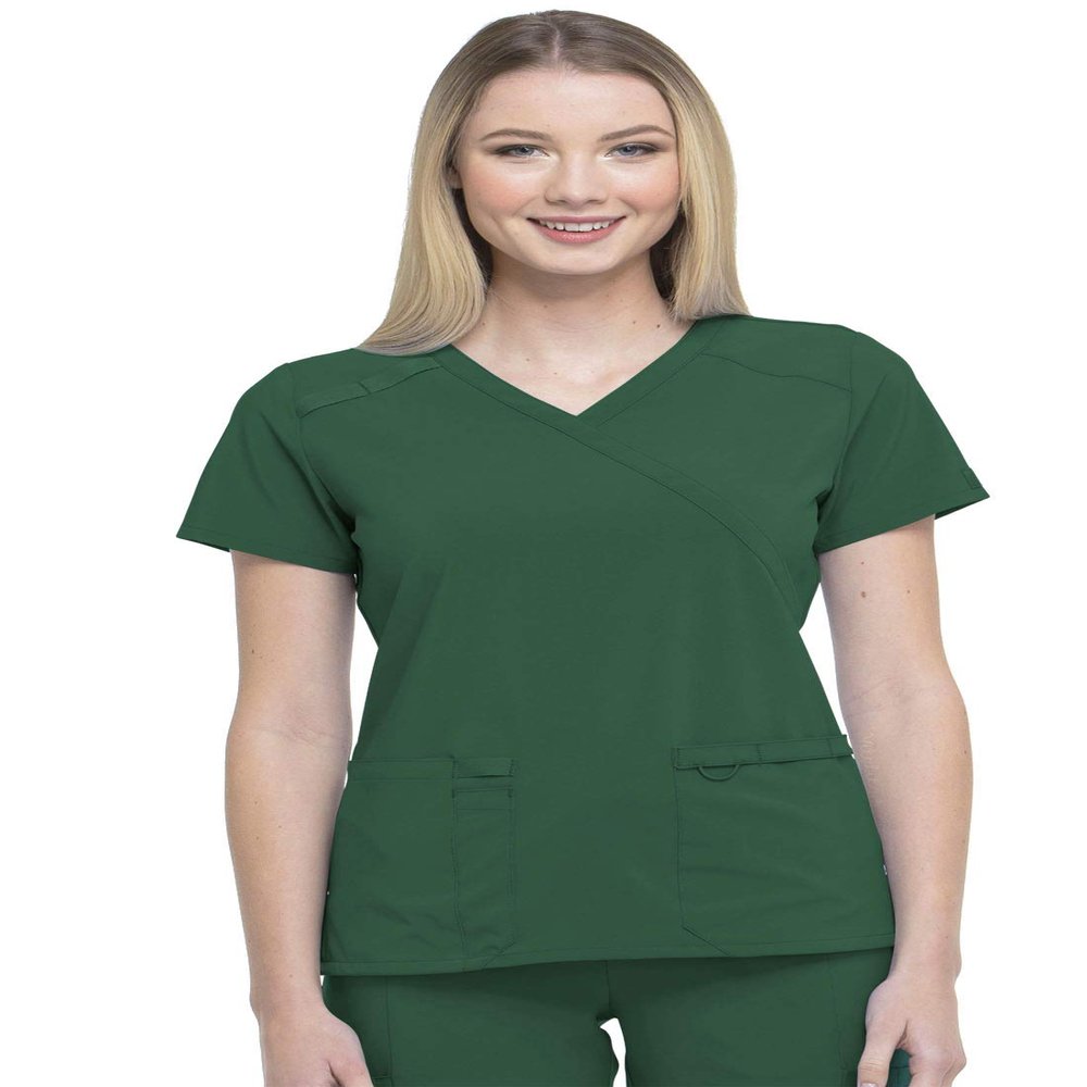 Dickies EDS Essentials, Mock Wrap Top Scrubs for Women with Four-Way Stretch and Moisture Wicking DK625, XL, Hunter Green