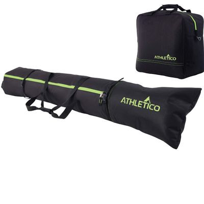 Athletico Padded Two-Piece Ski and Boot Bag Combo | Store & Transport Skis Up to 200 CM and Boots Up To Size 13 | Includes 1 Padded Ski Bag & 1 Padded Ski Boot Bag (Black with Green Trim (Padded))