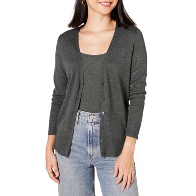 Amazon Essentials Women's Lightweight V-Neck Cardigan Sweater (Available in Plus Size), Charcoal Heather, Small