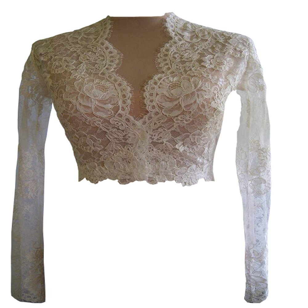 V-neck Lace Jackets Dresses For Women Poet Long Sleeve Jacket Wedding Bolero Ivory 6