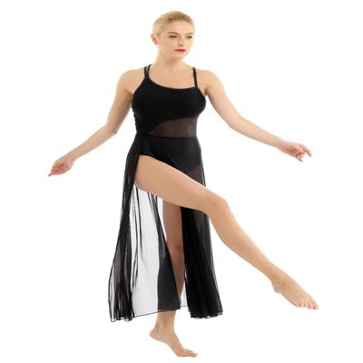 ACSUSS Women Camisole Lyrical Ballet Dance Dress Leotard Costume with Mesh Panel Black X-Large