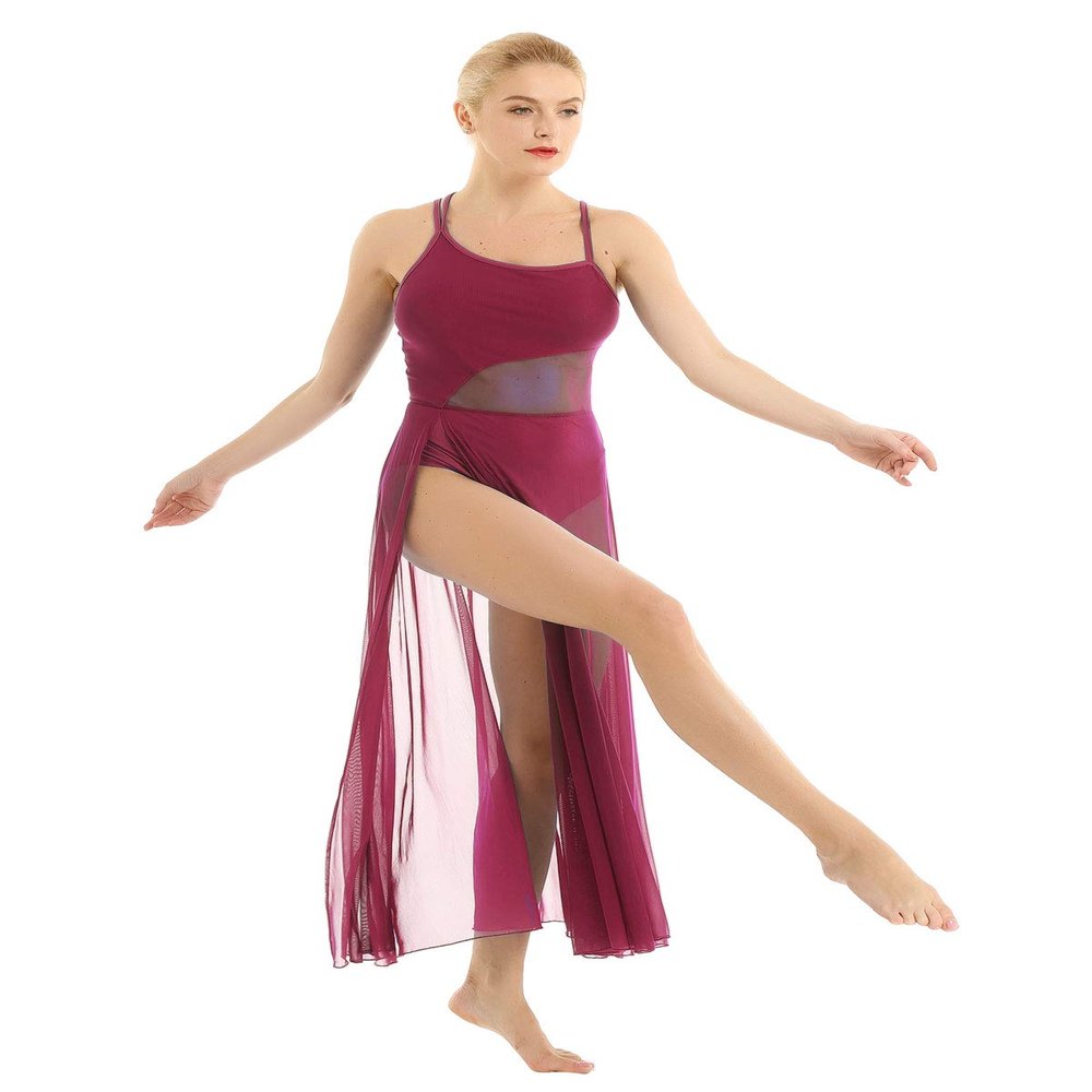 ACSUSS Women Camisole Lyrical Ballet Dance Dress Leotard Costume with Mesh Panel Wine Red X-Large