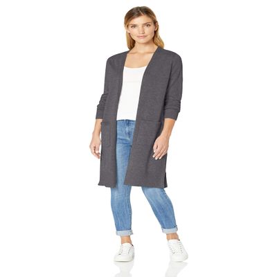 Amazon Essentials Women's Lightweight Longer Length Open-Front Long-Sleeve Cardigan Sweater (Available in Plus Size), Charcoal Heather, Small