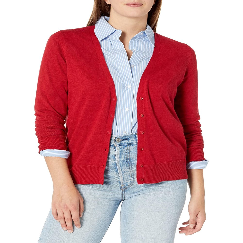 Amazon Essentials Women's Lightweight V-Neck Cardigan Sweater (Available in Plus Size), Red, Medium
