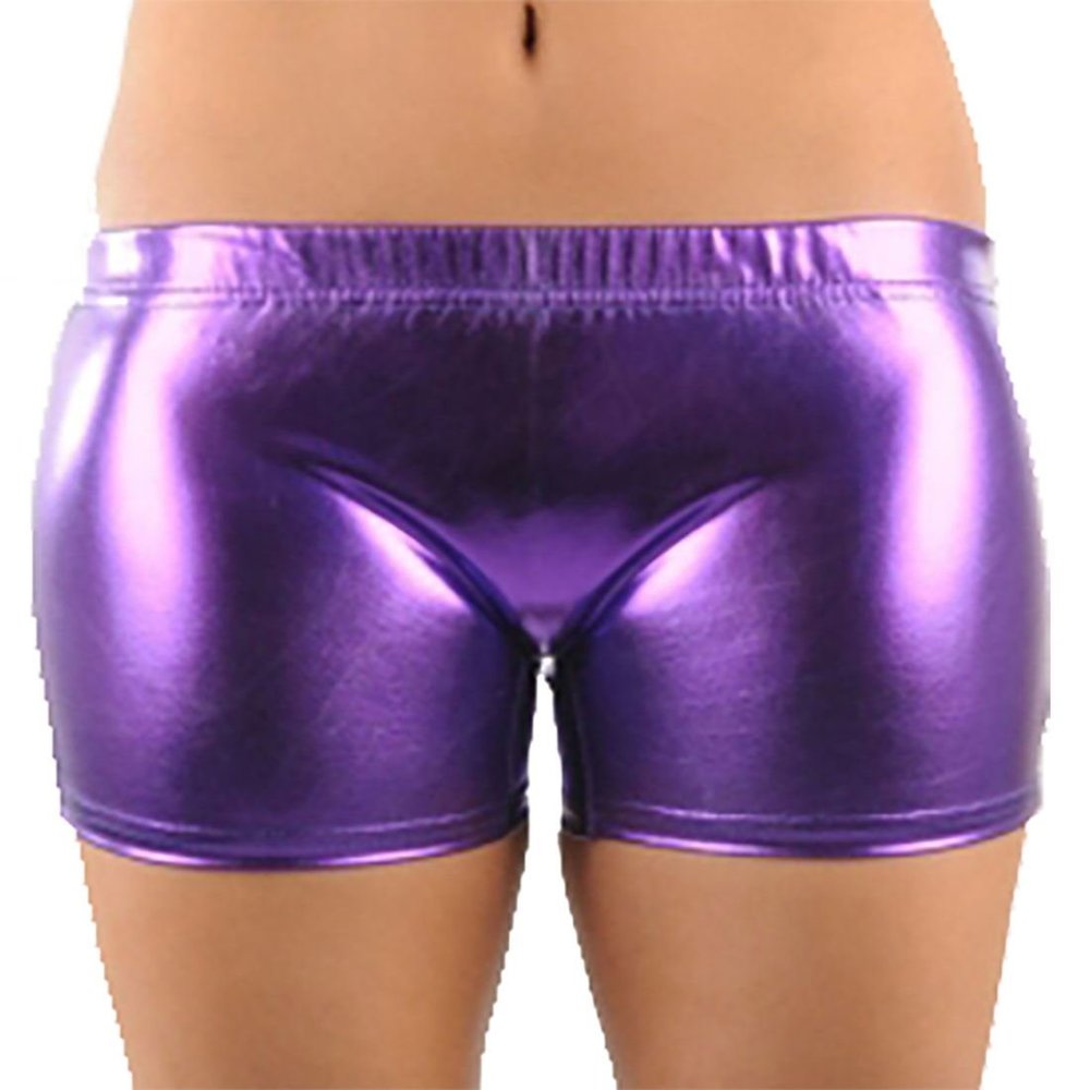 Childrens PU Wet Look Shiny Hot Pants Girls Stag Disco Party Metallic Shorts Purple 5-6 Years