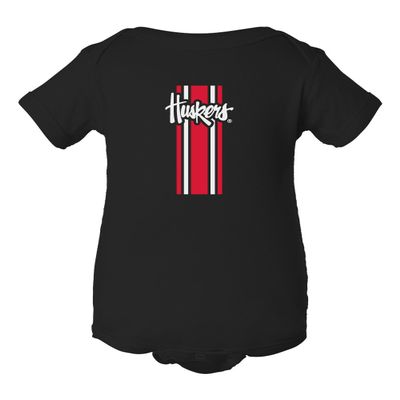 CornBorn Nebraska Onesie - Vertical Stripe Script Huskers - Black - 6M