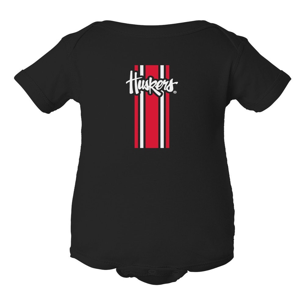 CornBorn Nebraska Onesie - Vertical Stripe Script Huskers - Black - 6M
