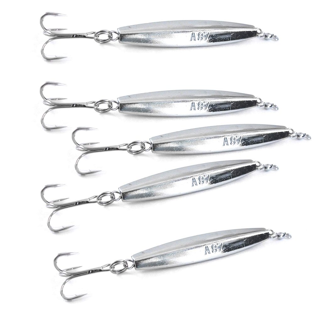 5pcs Fish WOW! 8oz Diamond Jigs Chrome Silver jig with a Treble Hook