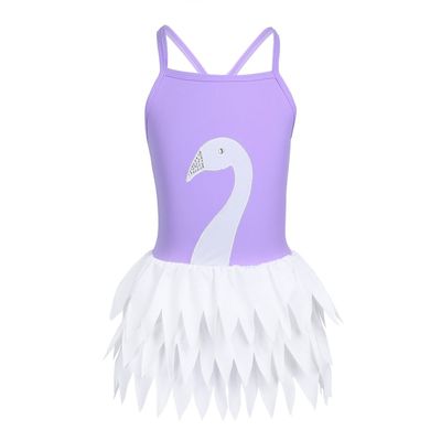 Agoky Girls' Swan Ruffle Skirted Ballet Style Swimsuit One Piece Bathing Suit Lavender 2-3
