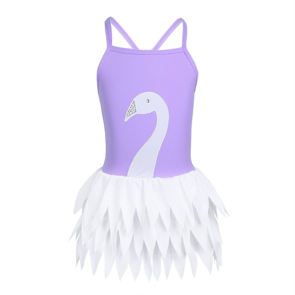 Agoky Girls' Swan Ruffle Skirted Ballet Style Swimsuit One Piece Bathing Suit Lavender 2-3