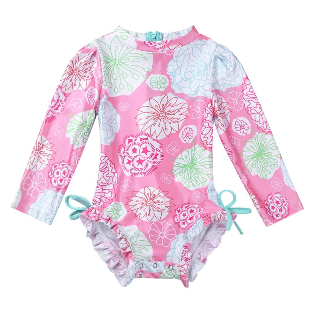 Alvivi Infant Baby Girls Long Sleeve Swimsuit Floral Printed Bathing Suit Rash Guard Beachwear Pink 12-18 Months