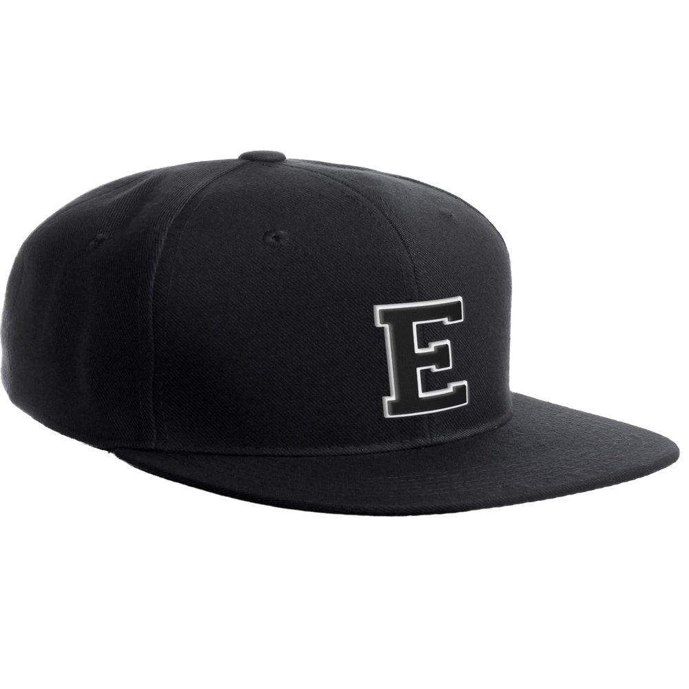Classic Snapback Hat Custom A to Z Initial Raised Letters, Black Cap White Black Letter Initial E