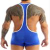 ACSUSS Men's Sheer Silk Lingerie Boxer Shorts Bikini Wrestling Singlet Underwear Blue Medium view 2