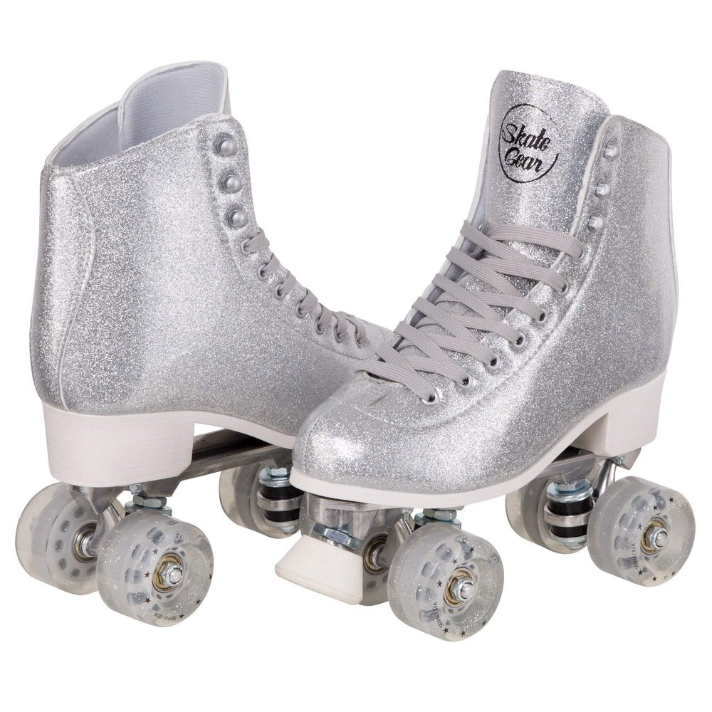 C SEVEN Sparkly Retro Quad Roller Skates (Glitter Silver, Women's 6 / Youth 5 / Men's 5)