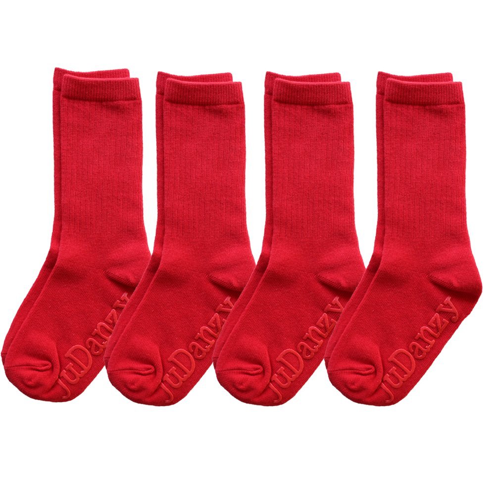 juDanzy 4 Pack of Mid-Calf Ribbed Socks with Anti-Slip Grips for School Uniform, Soccer, Sports, AFO (4-6 Years, Red)