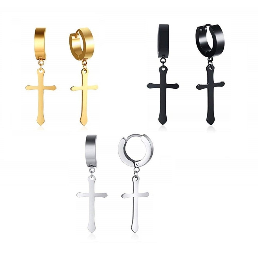 2PCS Gold IP Stainless Steel Cross Dangle Huggie Hinged Hoop Earrings for Men (Black Silver Gold (3 Pairs))