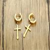2PCS Gold IP Stainless Steel Cross Dangle Huggie Hinged Hoop Earrings for Men (Black Silver Gold (3 Pairs)) view 4